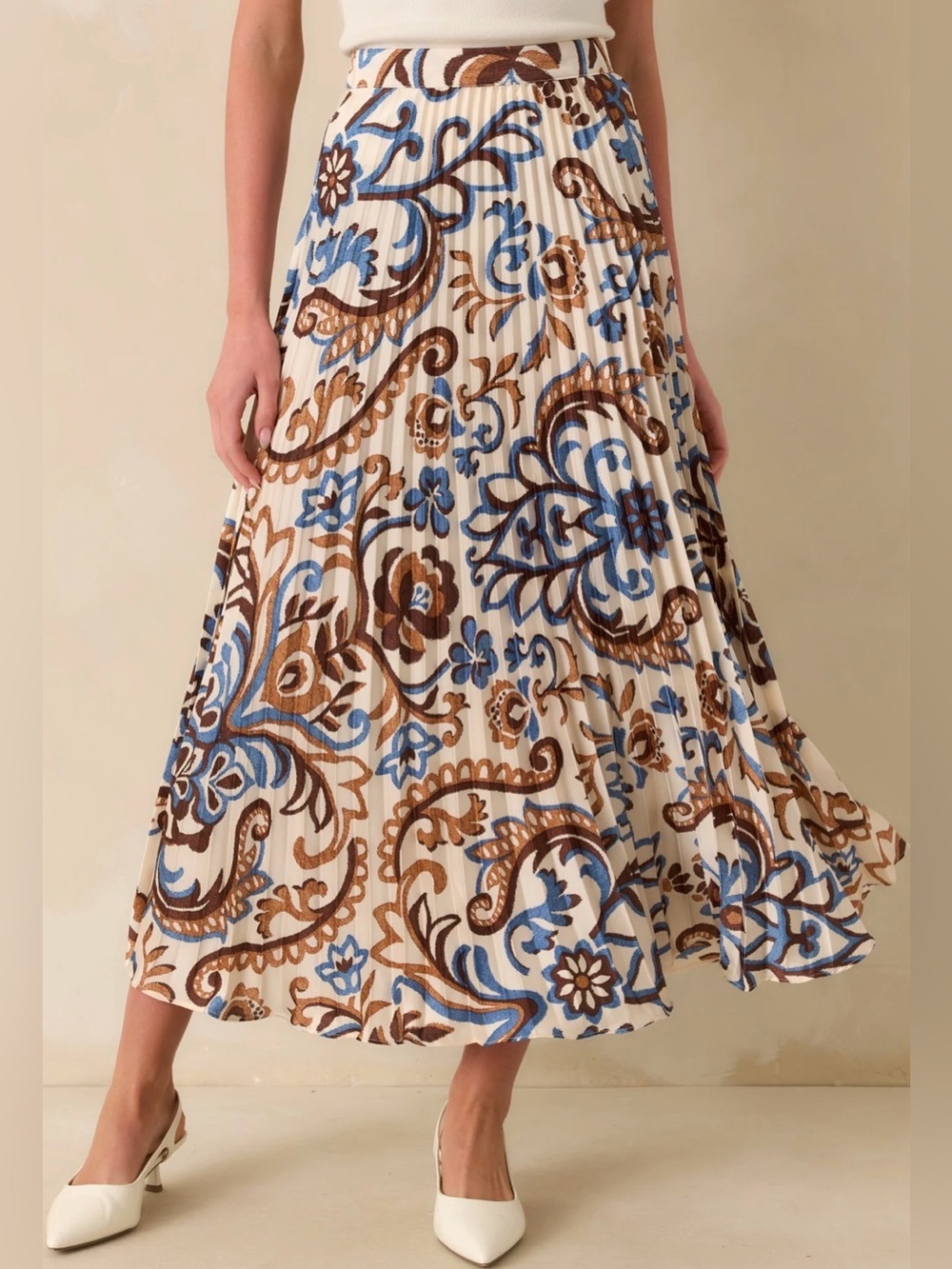 Skies Are Blue Pleated Maxi Skirt in Blue and Brown Floral Print